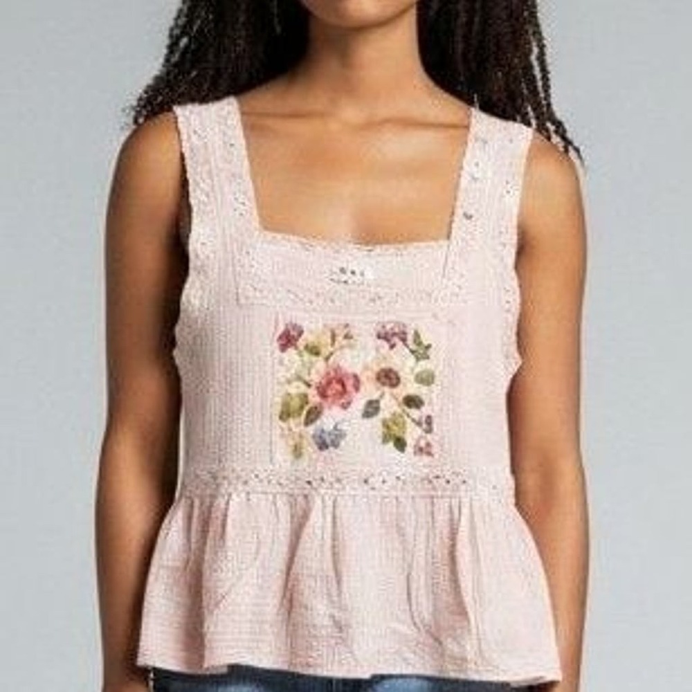 POL Pink Floral Embroidered Square Neck Peplum Tank Top Size S